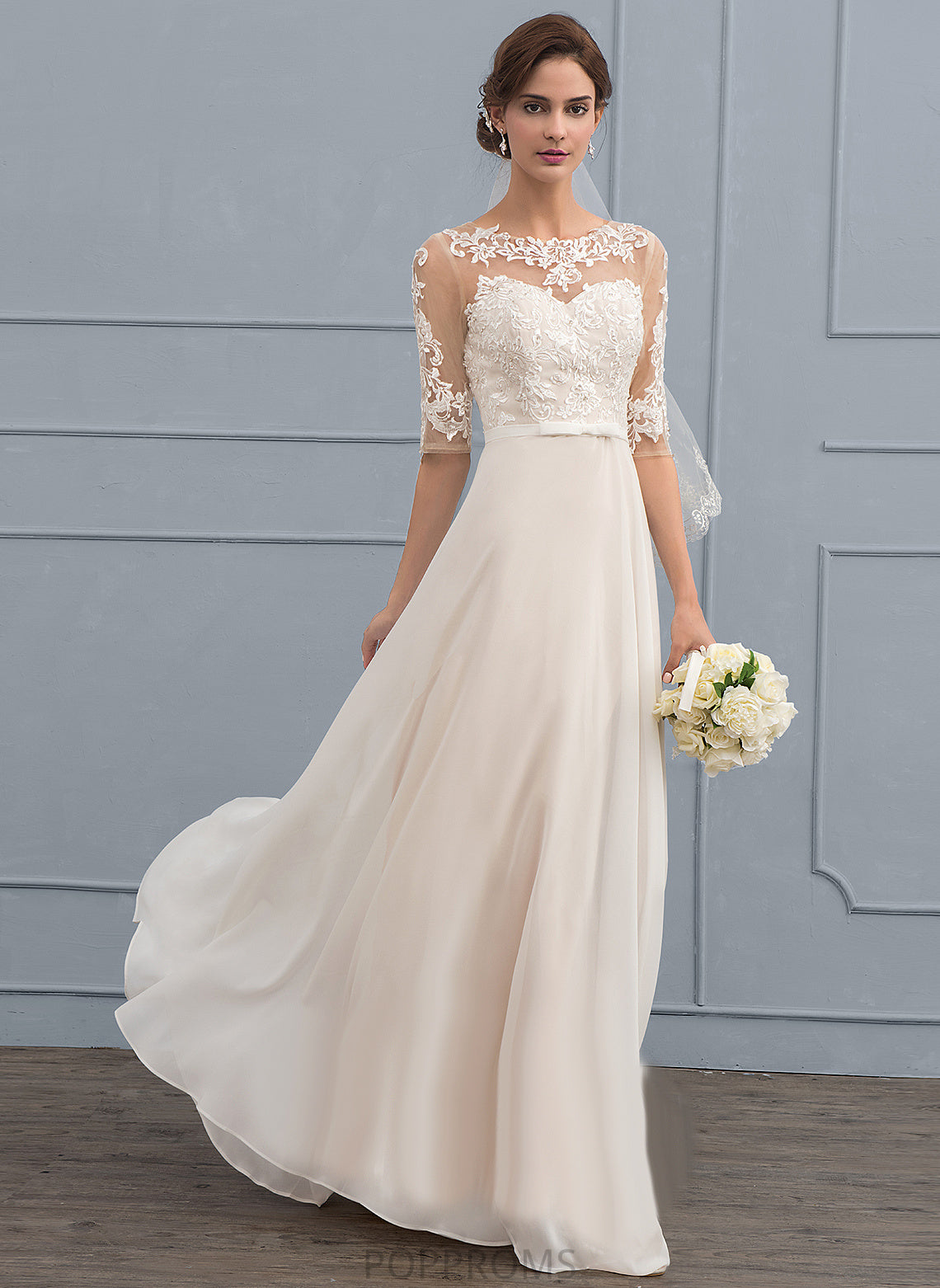 Wedding Wedding Dresses Bow(s) Dress Beading Ansley Chiffon Floor-Length Lace Sequins Illusion With A-Line