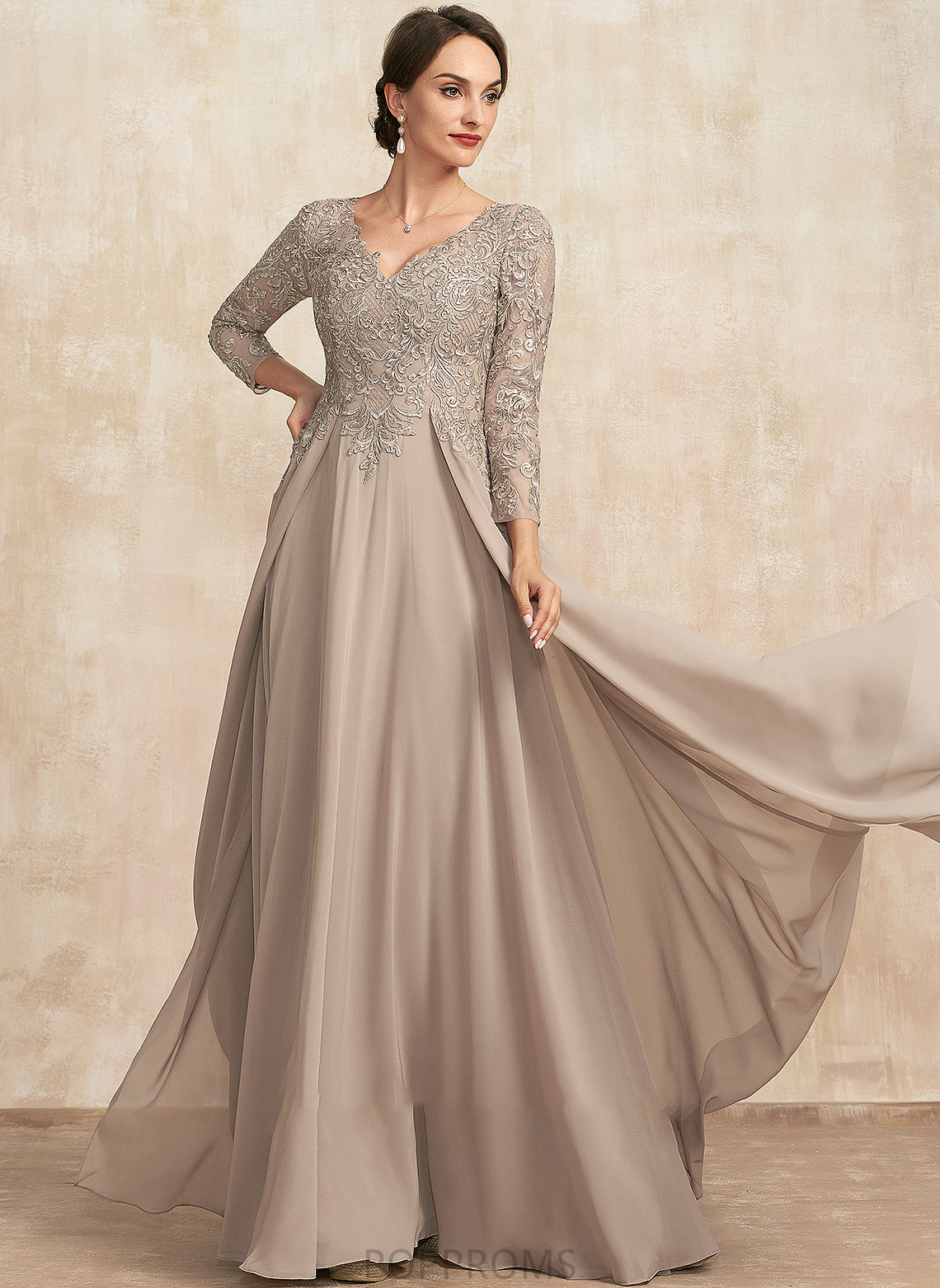 Bride of Chiffon Marlene Mother of the Bride Dresses Lace the Mother V-neck A-Line Floor-Length Dress