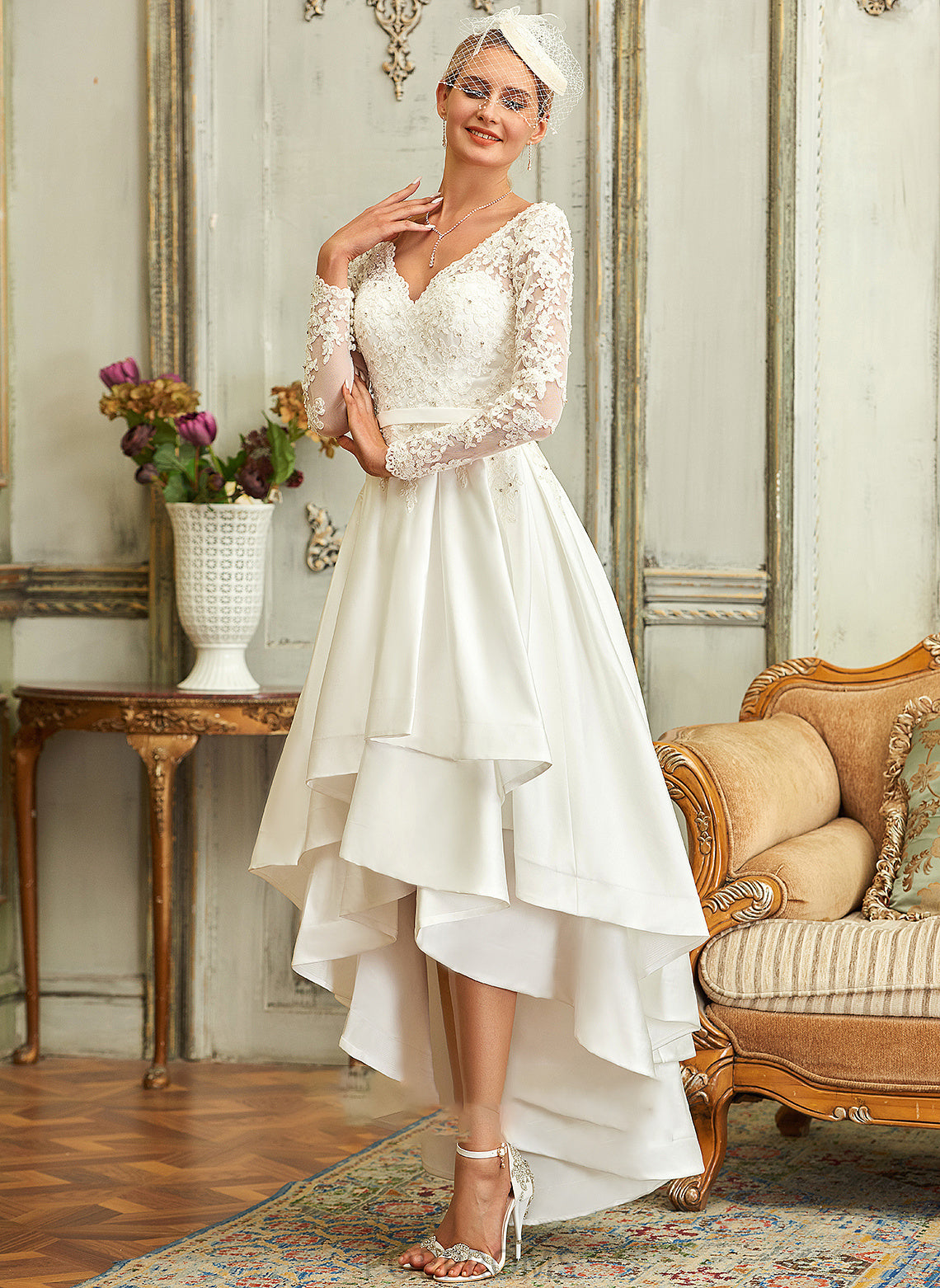 Dress Wedding Dresses Satin Winnie Wedding V-neck Asymmetrical A-Line Lace