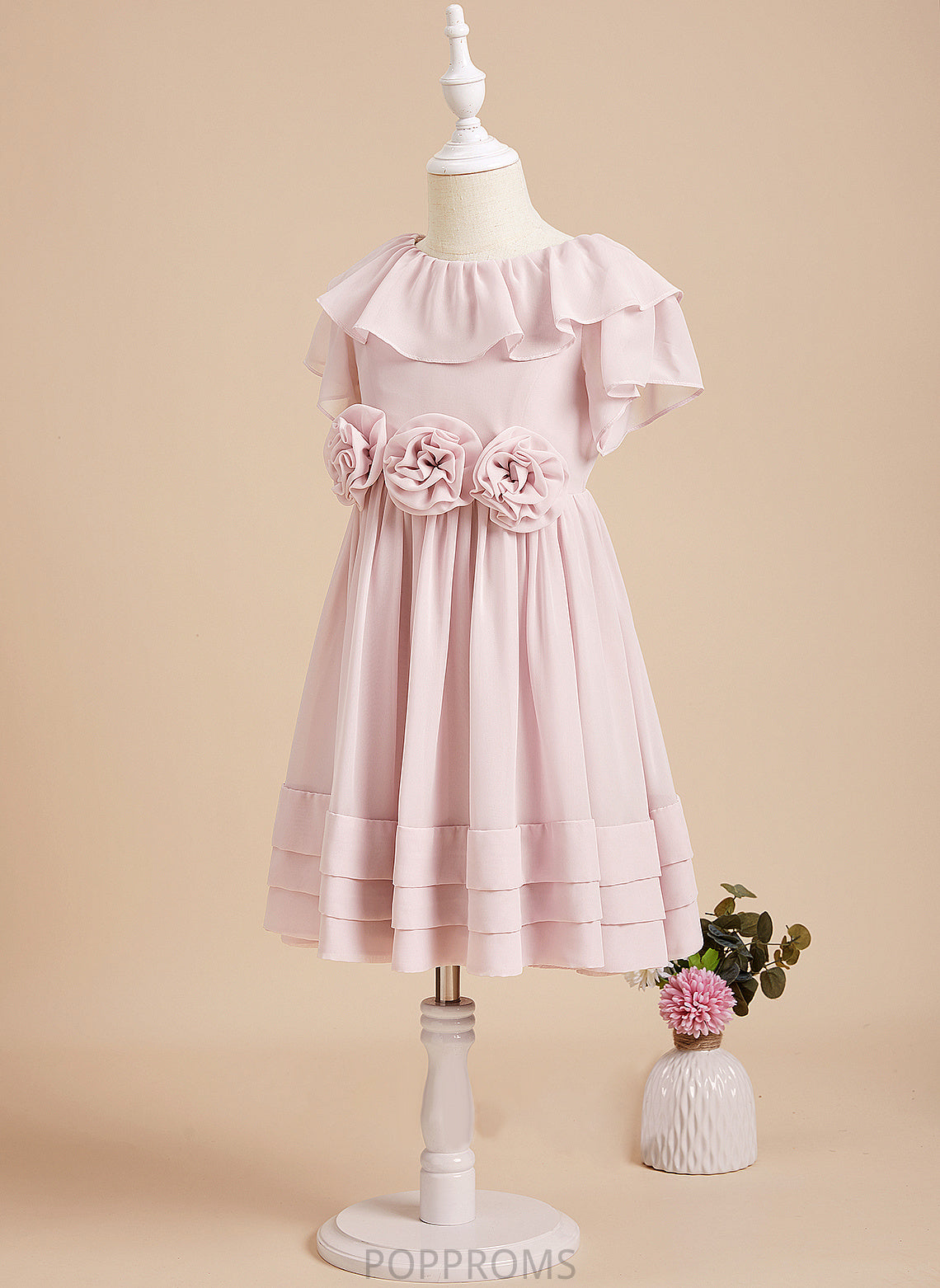 Ruffles/Flower(s)/V Short Dress Knee-length A-Line Sleeves Girl Chiffon Back Neck Juliana With - Flower Flower Girl Dresses Scoop