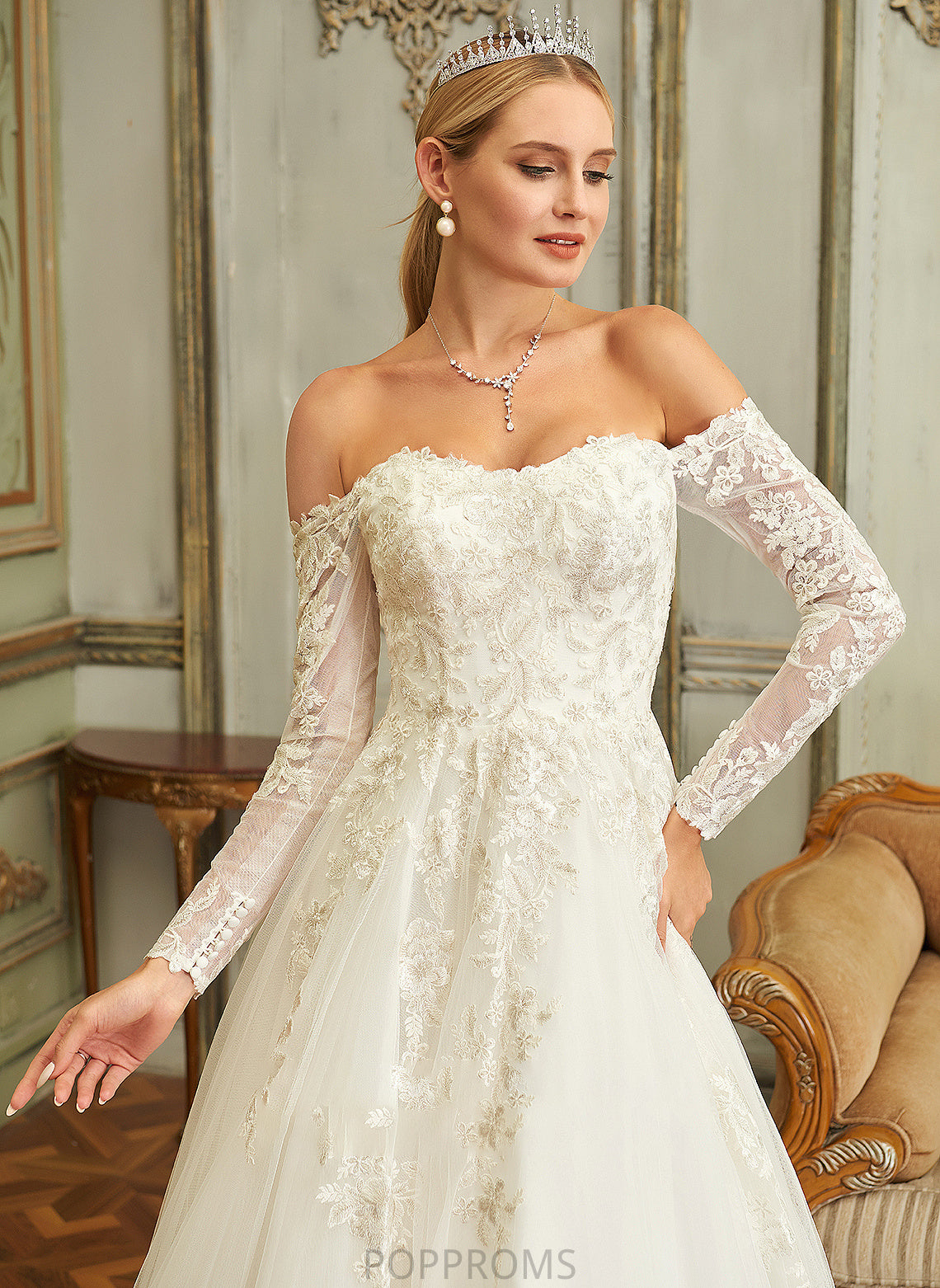 Ball-Gown/Princess Train With Wedding Dresses Lace Lace Tulle Sweep Angelina Wedding Off-the-Shoulder Dress