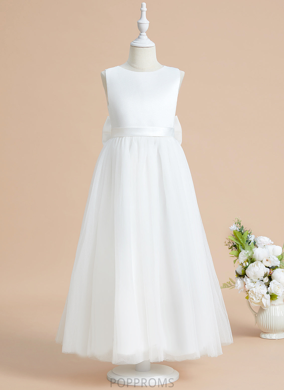 A-Line Girl Denisse With - Satin/Tulle Ankle-length Neck Lace/Bow(s) Sleeveless Dress Flower Girl Dresses Flower Scoop