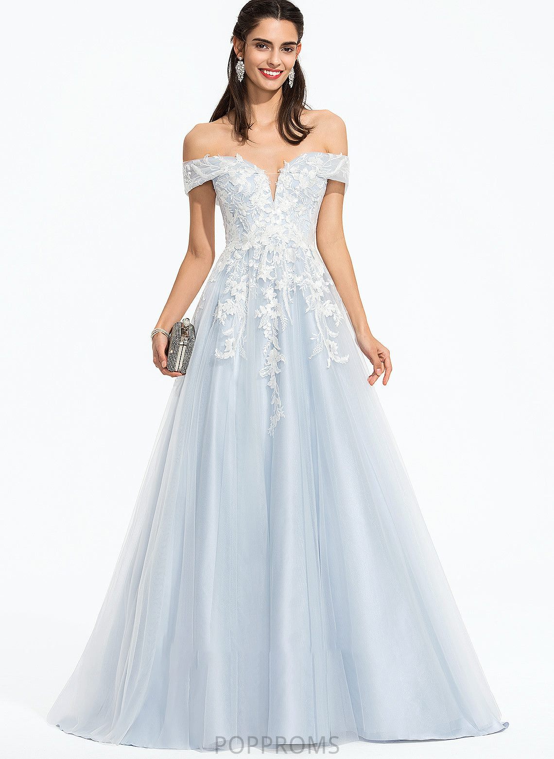 With Sweep Ingrid Tulle Prom Dresses Sequins Ball-Gown/Princess Train Off-the-Shoulder