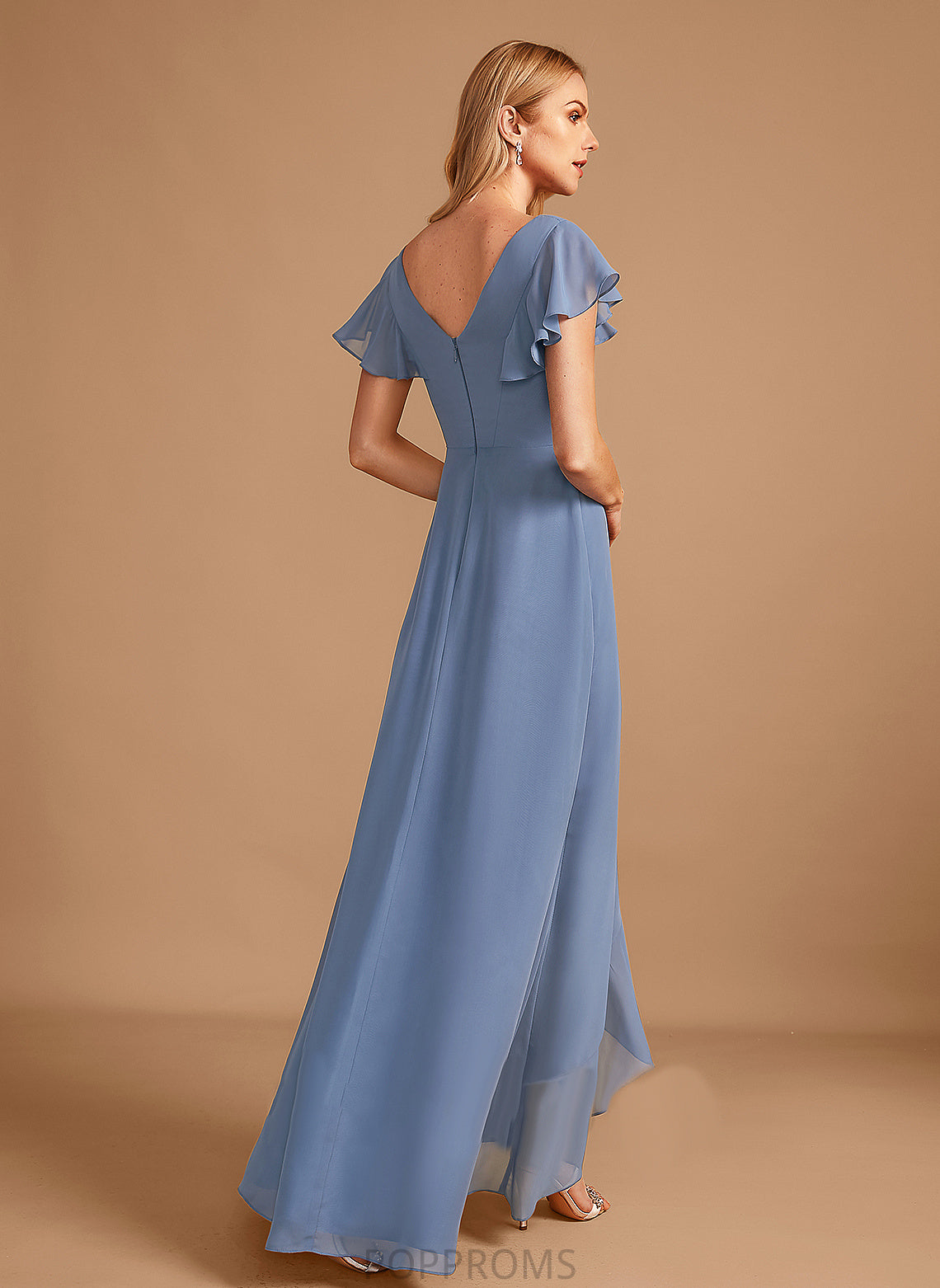 SplitFront Neckline Ruffle Embellishment A-Line Fabric Asymmetrical Silhouette Length V-neck Gertrude A-Line/Princess Bridesmaid Dresses