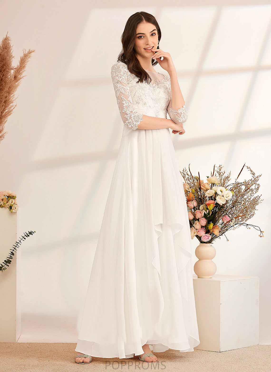 Wedding Dresses Ruffle Lace Illusion A-Line Monserrat Floor-Length Beading Dress Chiffon Wedding With