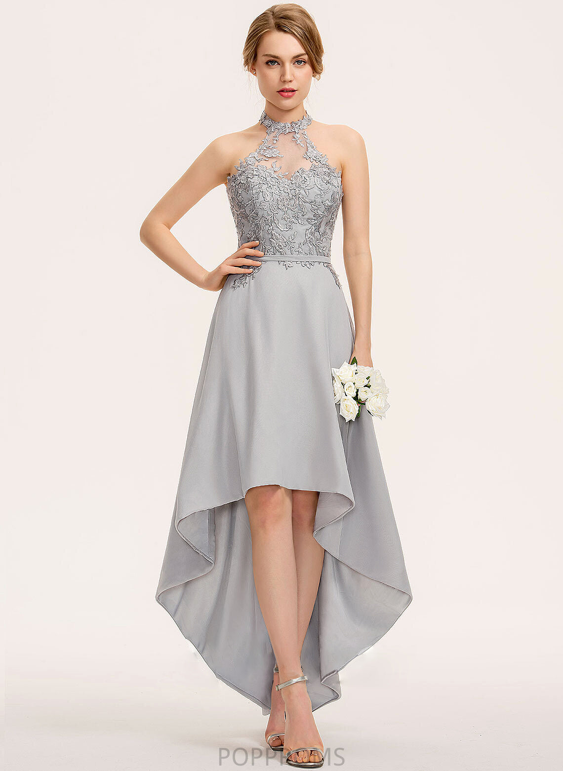 Lace Neckline Fabric Straps Silhouette Halter A-Line Length Asymmetrical Nataly A-Line/Princess Sleeveless Bridesmaid Dresses