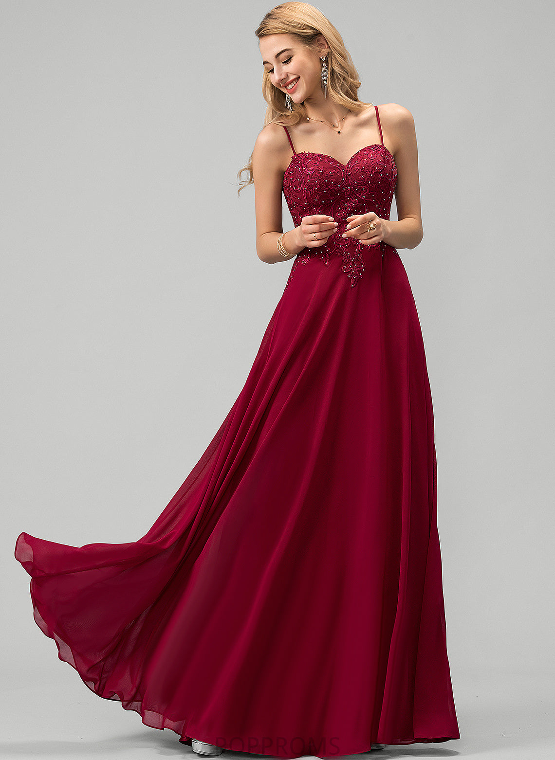 Lace Floor-Length Sue Sweetheart Chiffon With A-Line Rhinestone Prom Dresses