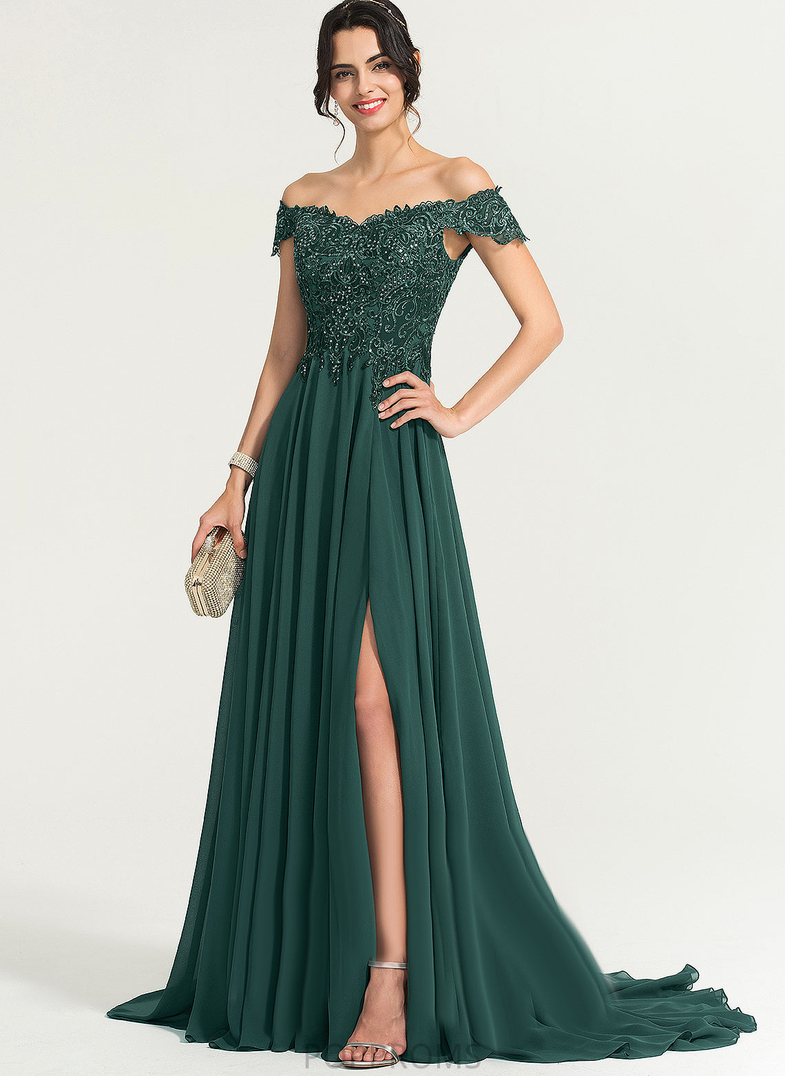 Off-the-Shoulder Train Lace Sweep With A-Line Lillie Chiffon Prom Dresses Sequins