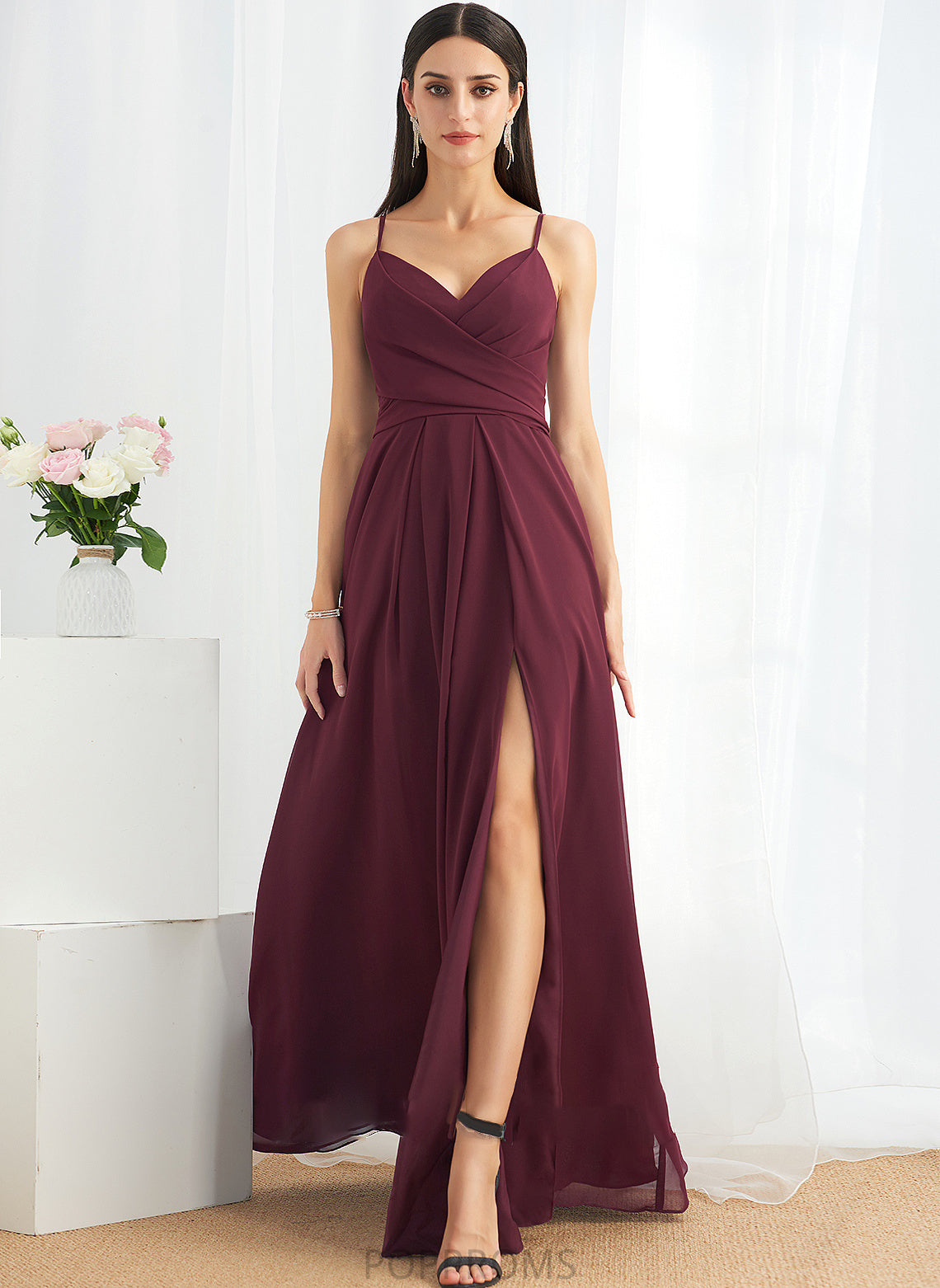 V-neck Silhouette A-Line Embellishment Ruffle Fabric Floor-Length Neckline SplitFront Length Kailee Empire Waist Bridesmaid Dresses