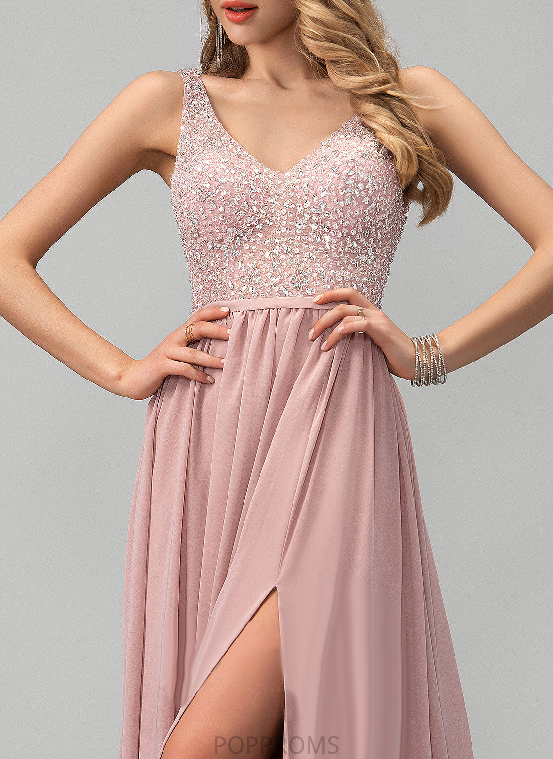 Beading Magdalena Chiffon With A-Line Sequins Floor-Length V-neck Prom Dresses