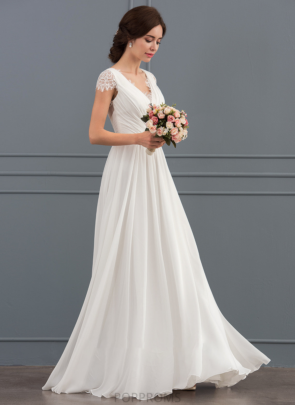 Wedding Dresses Ruffle Renee A-Line Chiffon Dress With V-neck Wedding Floor-Length Lace