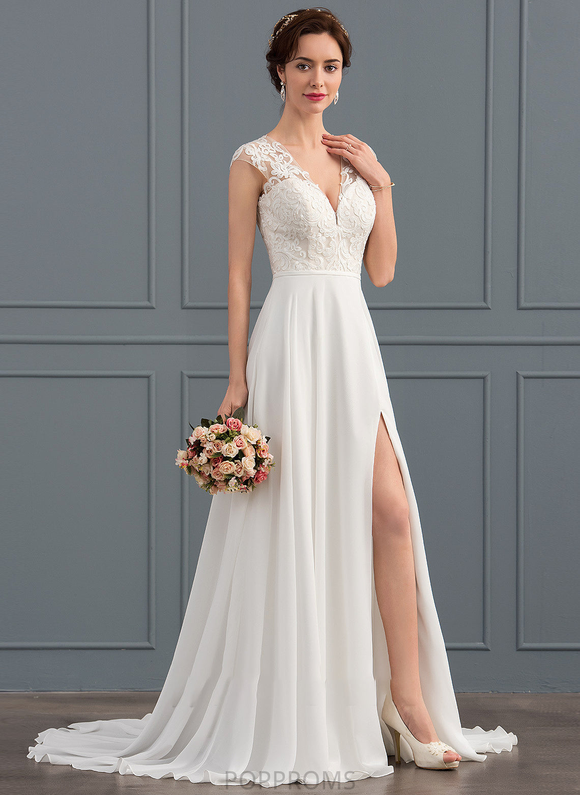 Wedding Dresses Wedding Sweep Dress V-neck Chiffon Piper Train A-Line Split Front With