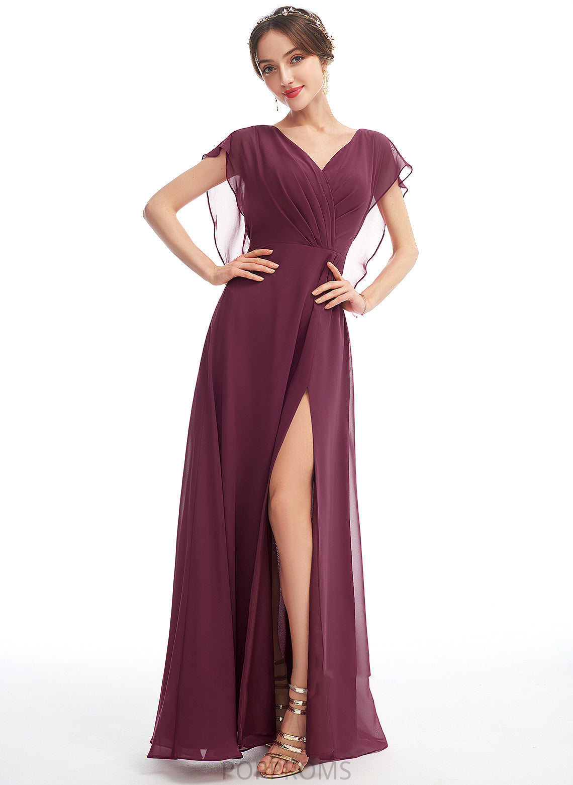 V-neck Embellishment Neckline Floor-Length Ruffle Length SplitFront Fabric A-Line Silhouette Maeve Short Sleeves Bridesmaid Dresses