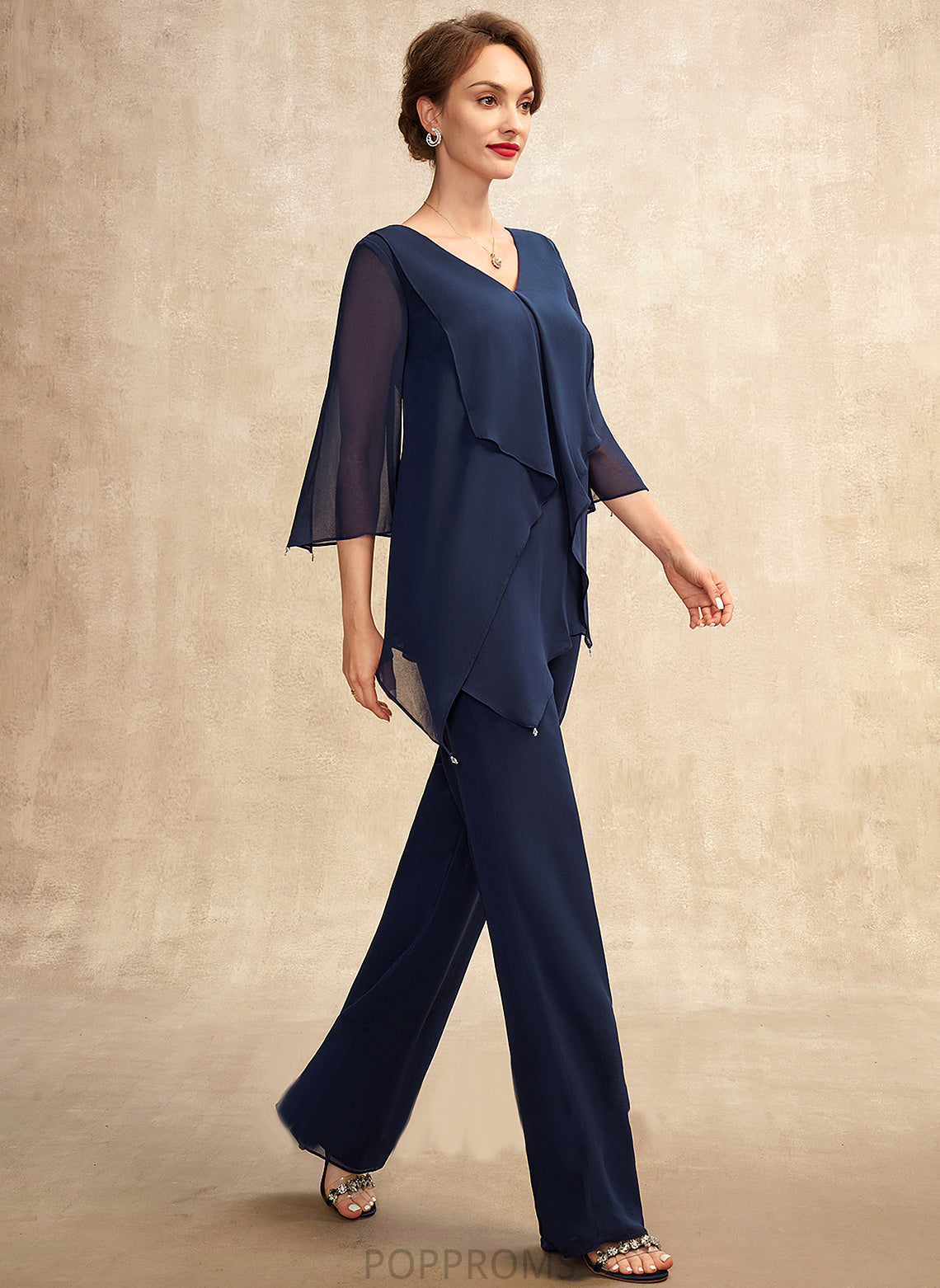 the Cascading Jumpsuit/Pantsuit Dress Autumn Mother of the Bride Dresses Chiffon Floor-Length With V-neck of Bride Ruffles Mother