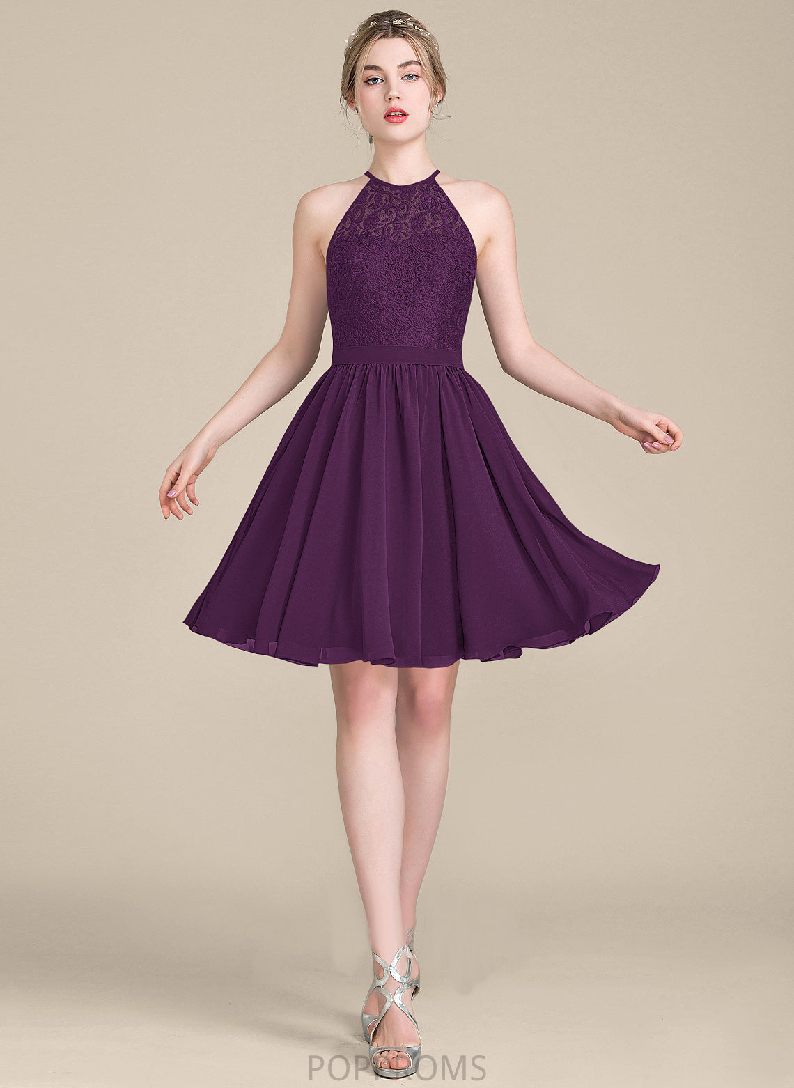 Shelby Neck Knee-Length Cocktail Scoop Cocktail Dresses Chiffon A-Line Dress Lace