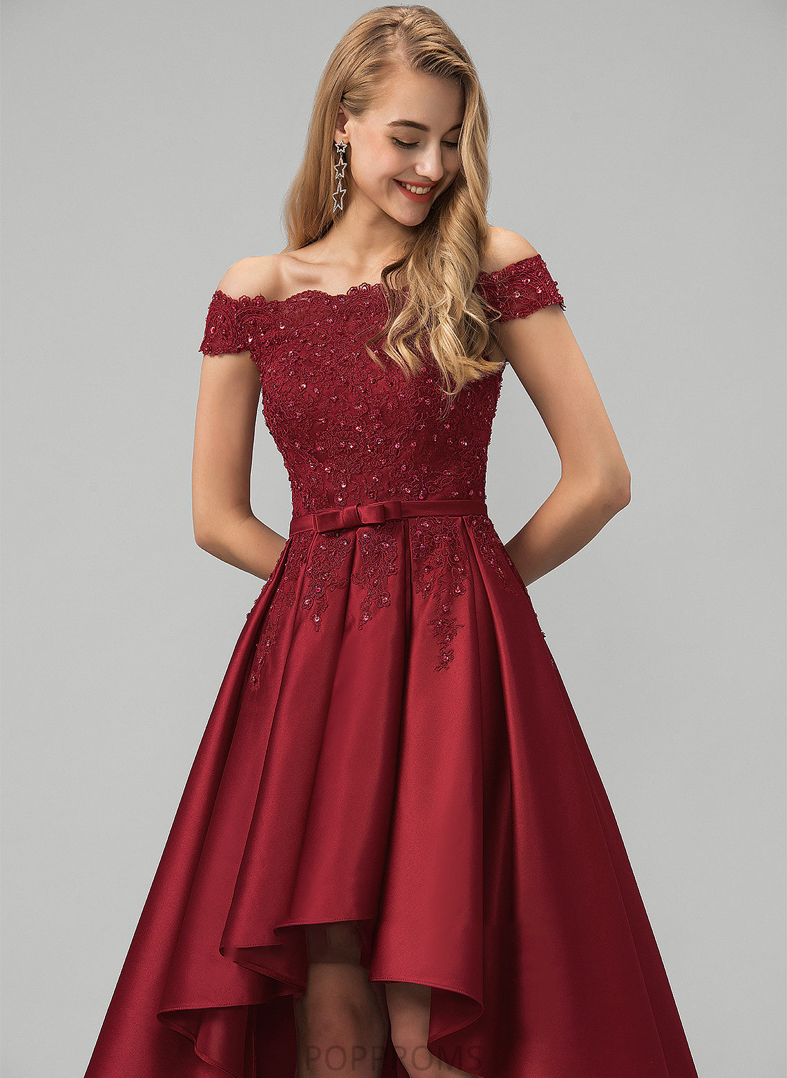 Satin Beading Off-the-Shoulder Bow(s) With Prom Dresses Sequins Asymmetrical Lace Cristina Ball-Gown/Princess