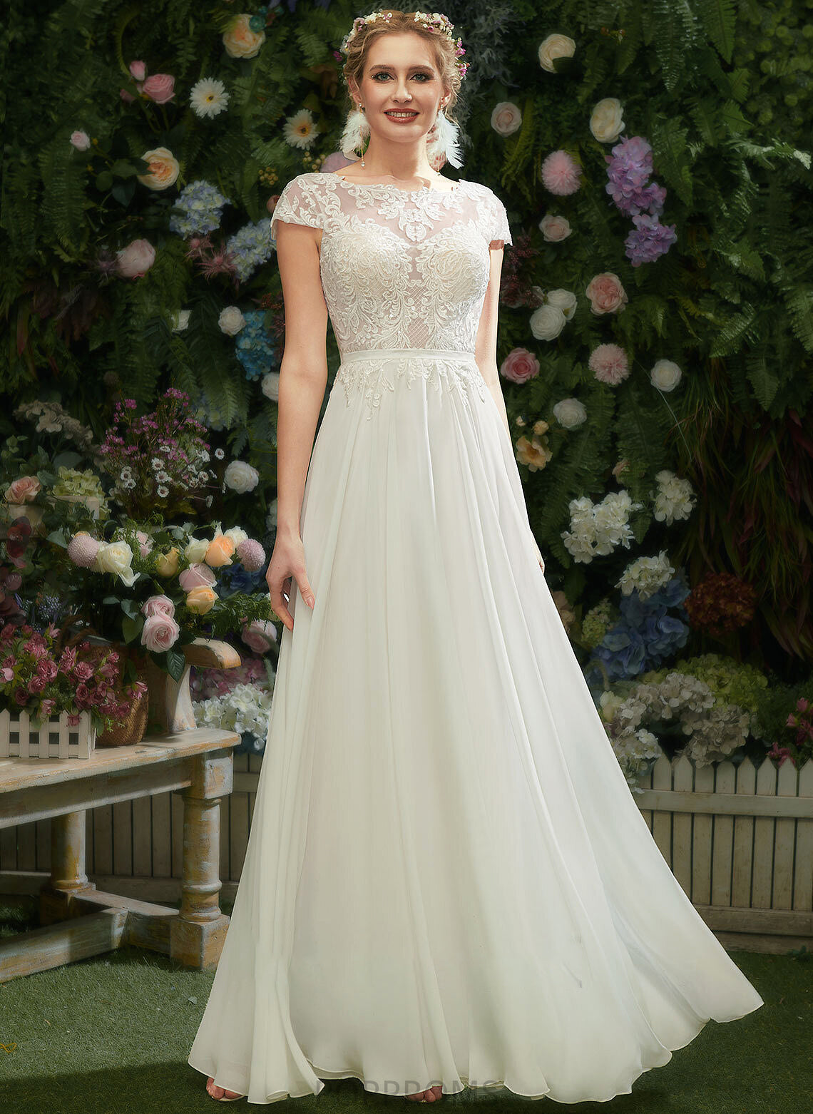 Shayna Floor-Length Sequins Wedding Wedding Dresses With Dress A-Line Lace Illusion