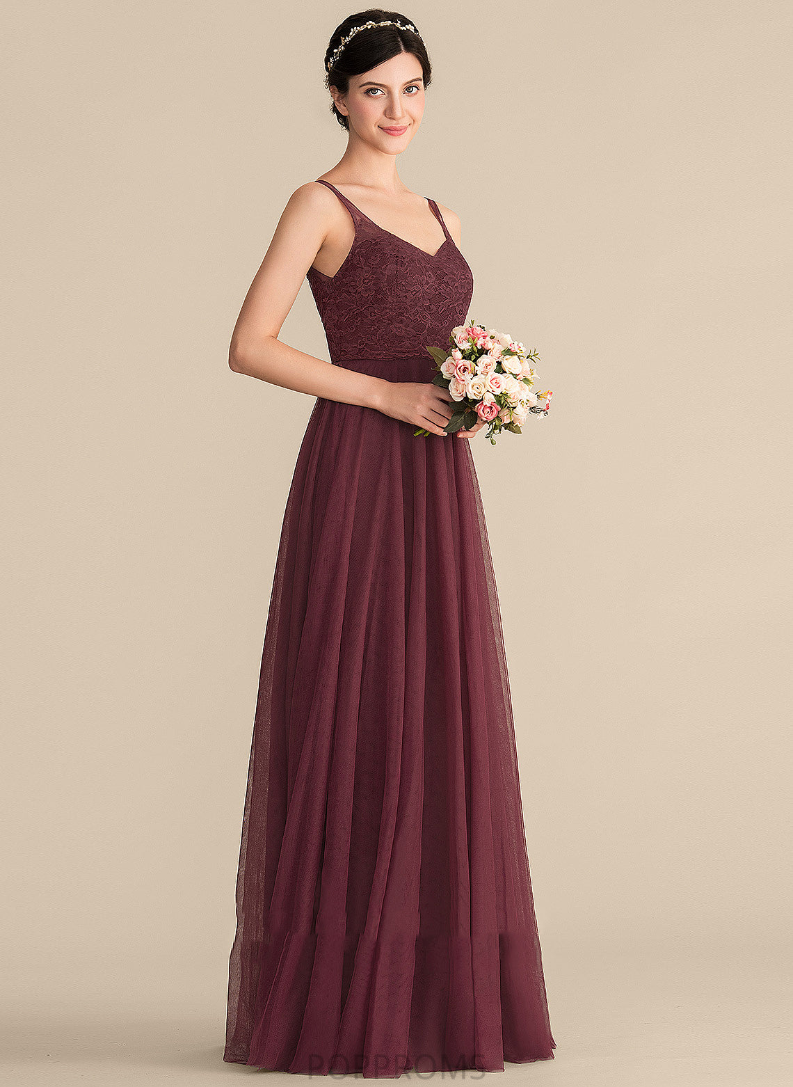 V-neck Fabric Length Silhouette Neckline Lace Straps A-Line Tulle Floor-Length Kathryn Sleeveless Bridesmaid Dresses