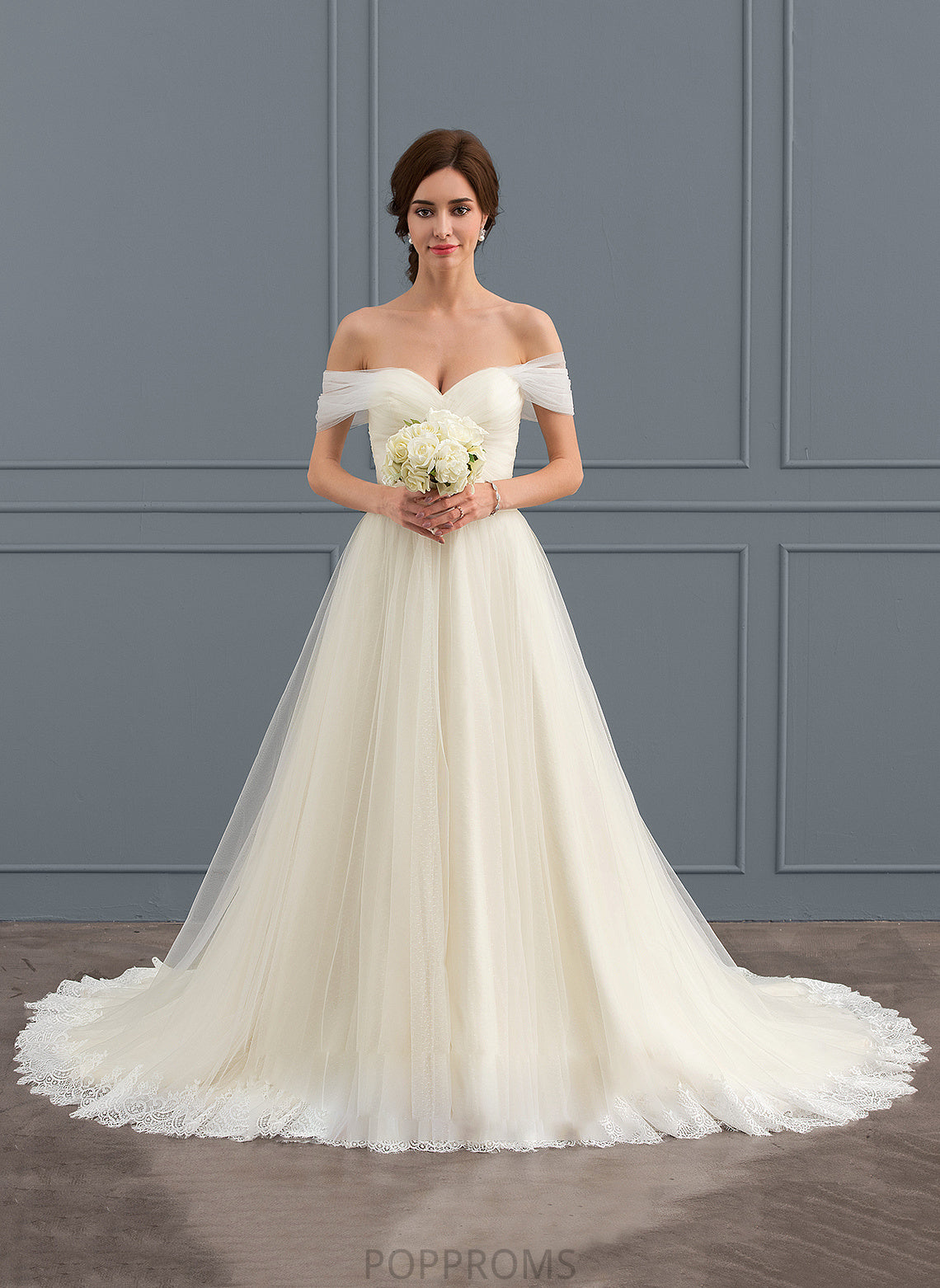 With Wedding Dresses Josephine Ball-Gown/Princess Dress Court Off-the-Shoulder Wedding Lace Tulle Train Ruffle