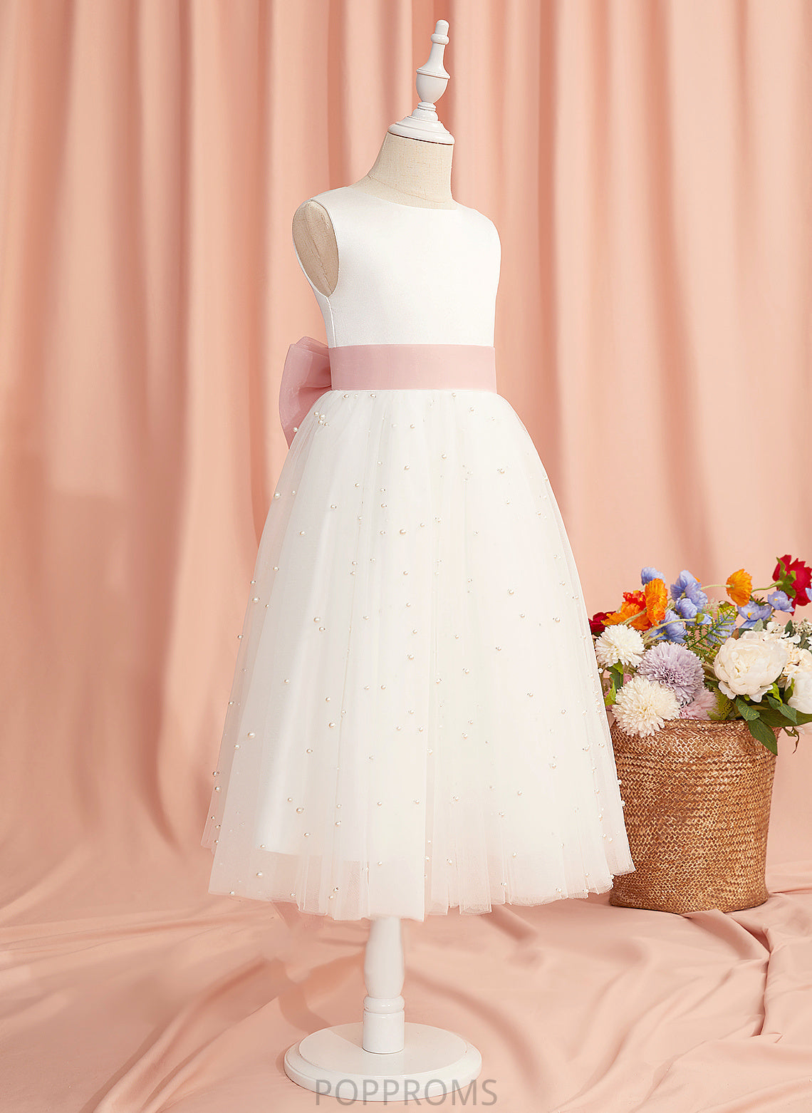 A-Line Sleeveless Girl Dress Neck Flower Girl Dresses Meg Scoop - Back With Sash/Bow(s)/V Tea-length Flower Satin/Tulle