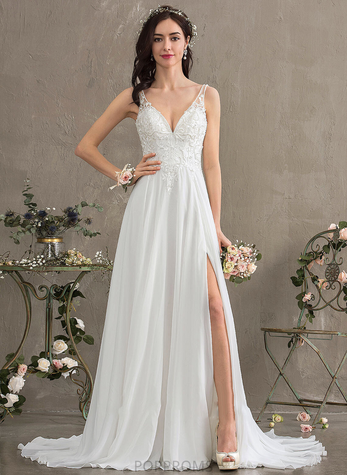 Wedding Sequins Front With V-neck Train A-Line Split Willa Dress Sweep Wedding Dresses Beading Chiffon