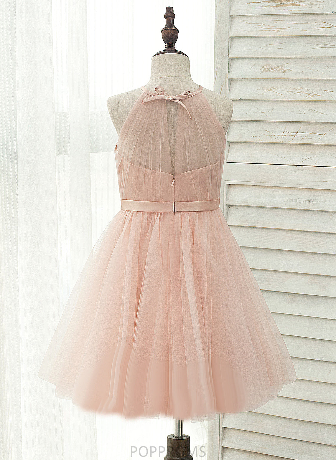 Flower Girl Dresses With Dress Knee-length Liana - Back Flower Tulle/Charmeuse Hole Halter A-Line/Princess Girl Sleeveless