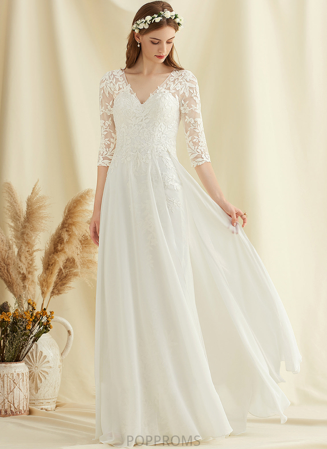 Wedding Wedding Dresses A-Line Lace V-neck Chiffon Aylin Floor-Length Dress