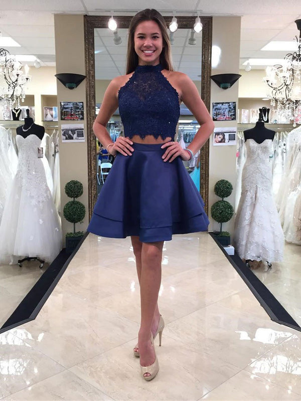 Skye Blue Two Piece A Line Halter Sleeveless Appliques Short Homecoming Dresses