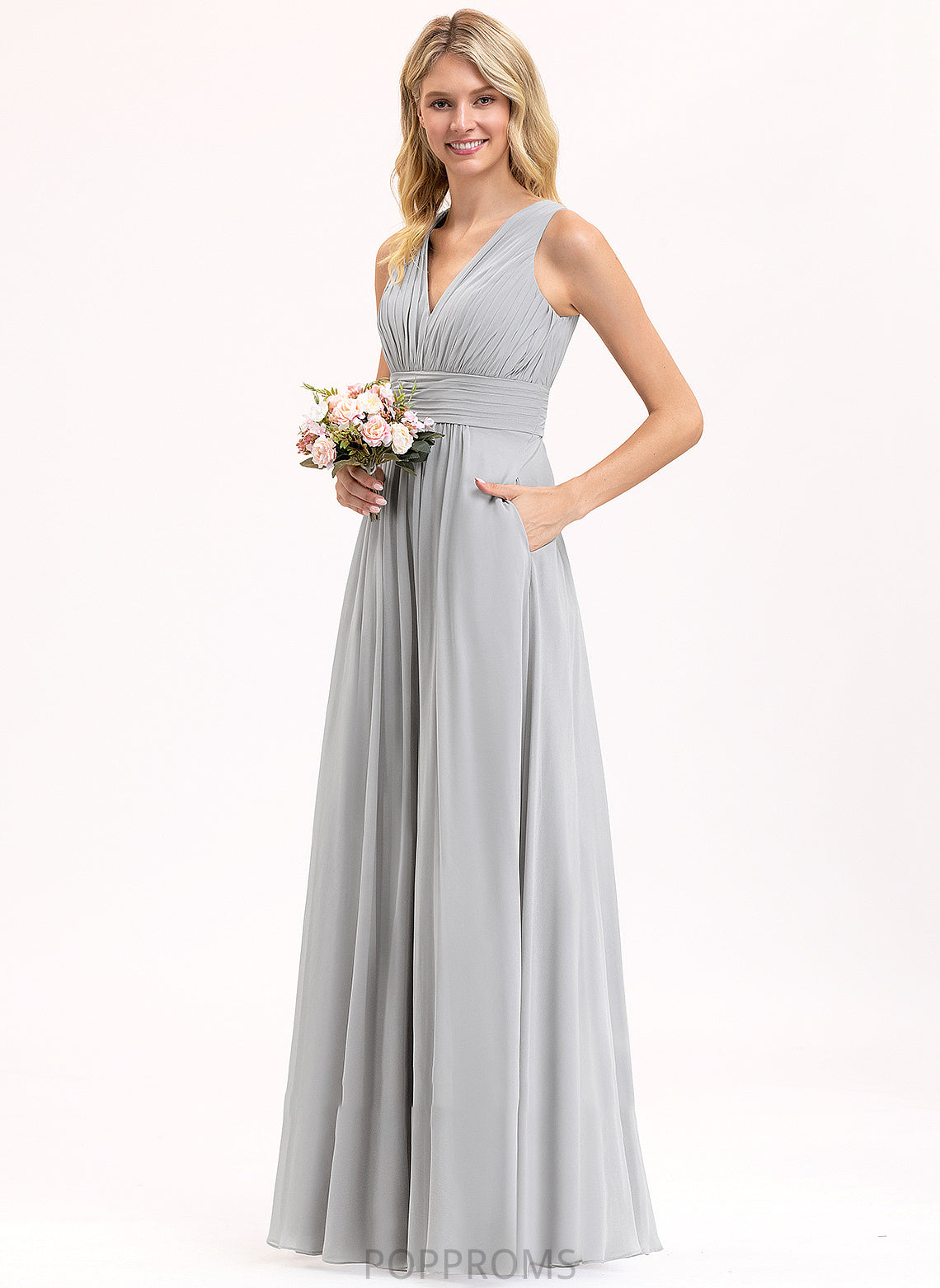 Fabric Embellishment V-neck Neckline Ruffle Bow(s) Silhouette Pockets A-Line Floor-Length Length Johanna Bridesmaid Dresses