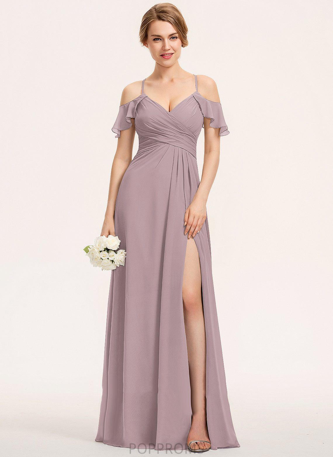 Ruffle V-neck Floor-Length CascadingRuffles A-Line ColdShoulder Neckline SplitFront Fabric Silhouette Embellishment Length Bridesmaid Dresses