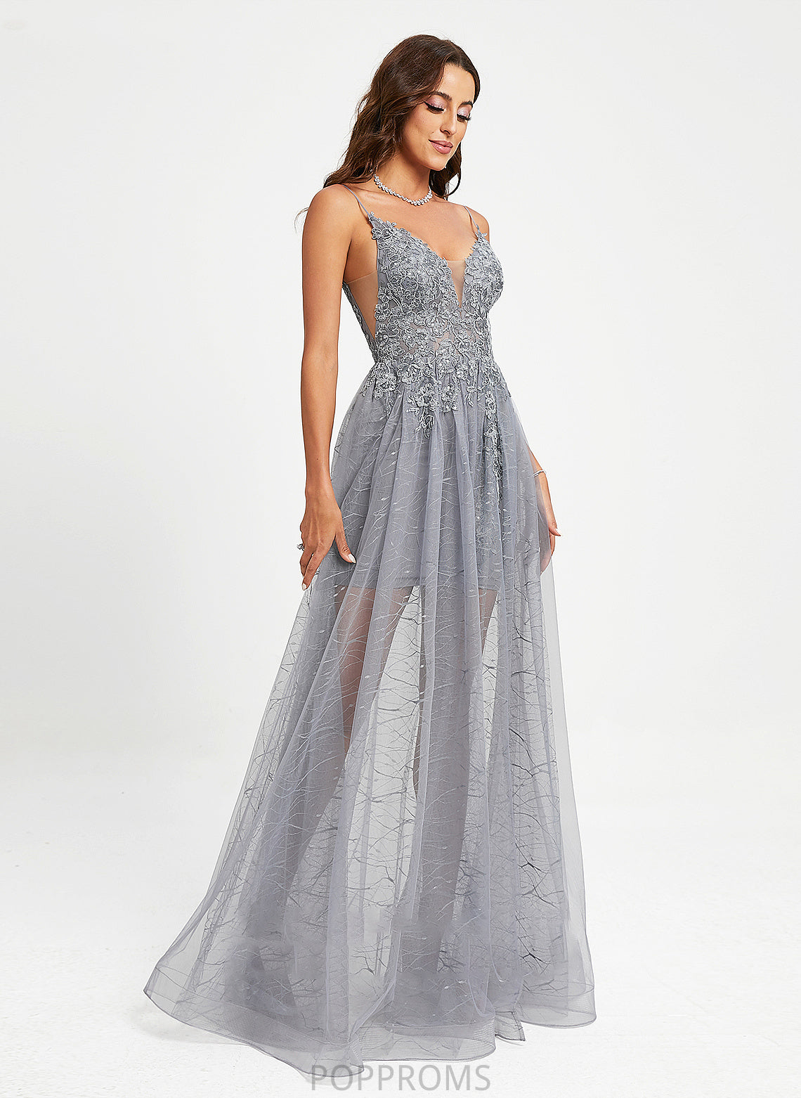 V-neck With Floor-Length Lace Tulle Ball-Gown/Princess Prom Dresses Sequins Nataly