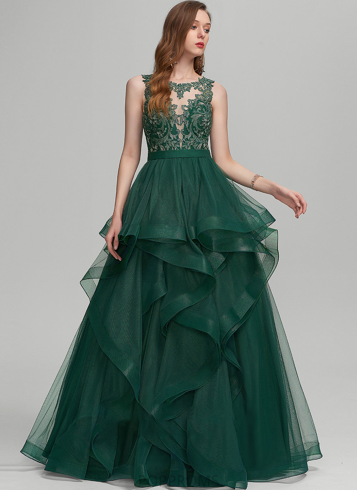 Floor-Length Lace Ruffle Mylie Ball-Gown/Princess Prom Dresses With Tulle Scoop Neck