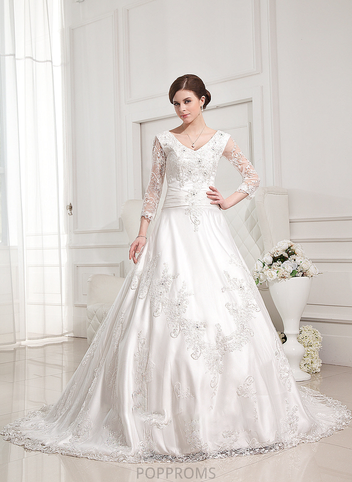 Wedding Train Dress Ball-Gown/Princess Kenley Beading V-neck Satin Chapel Lace With Wedding Dresses Appliques