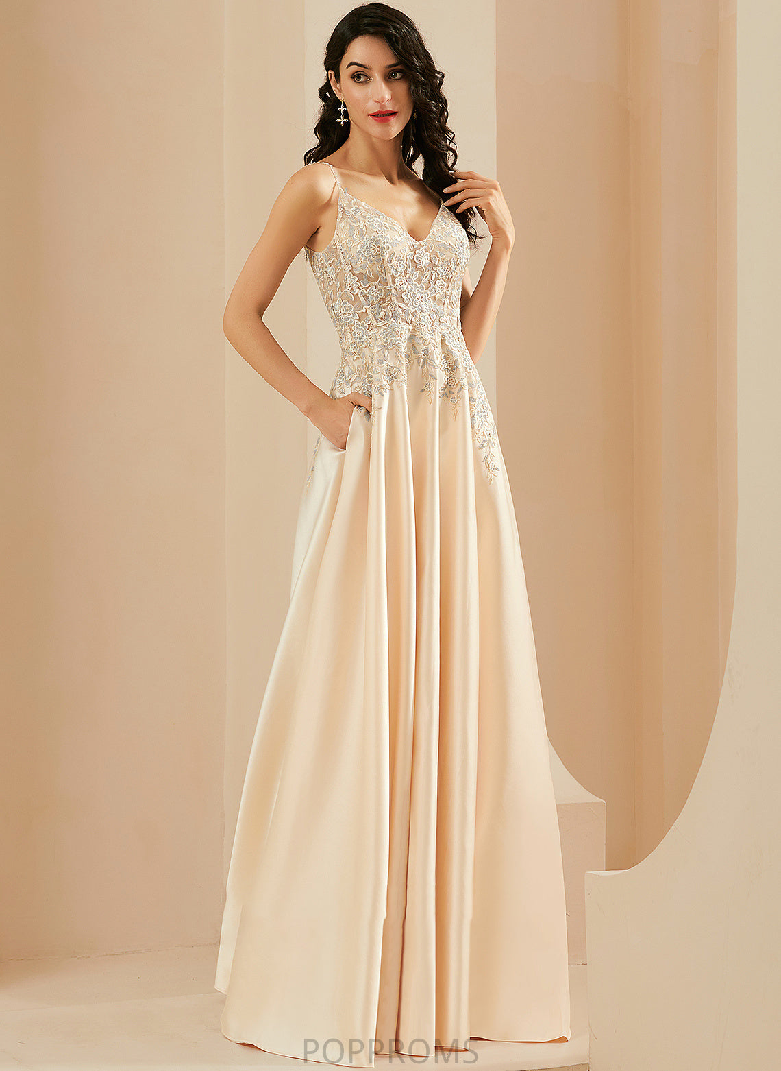 V-neck With Satin Prom Dresses Floor-Length Olga Lace A-Line