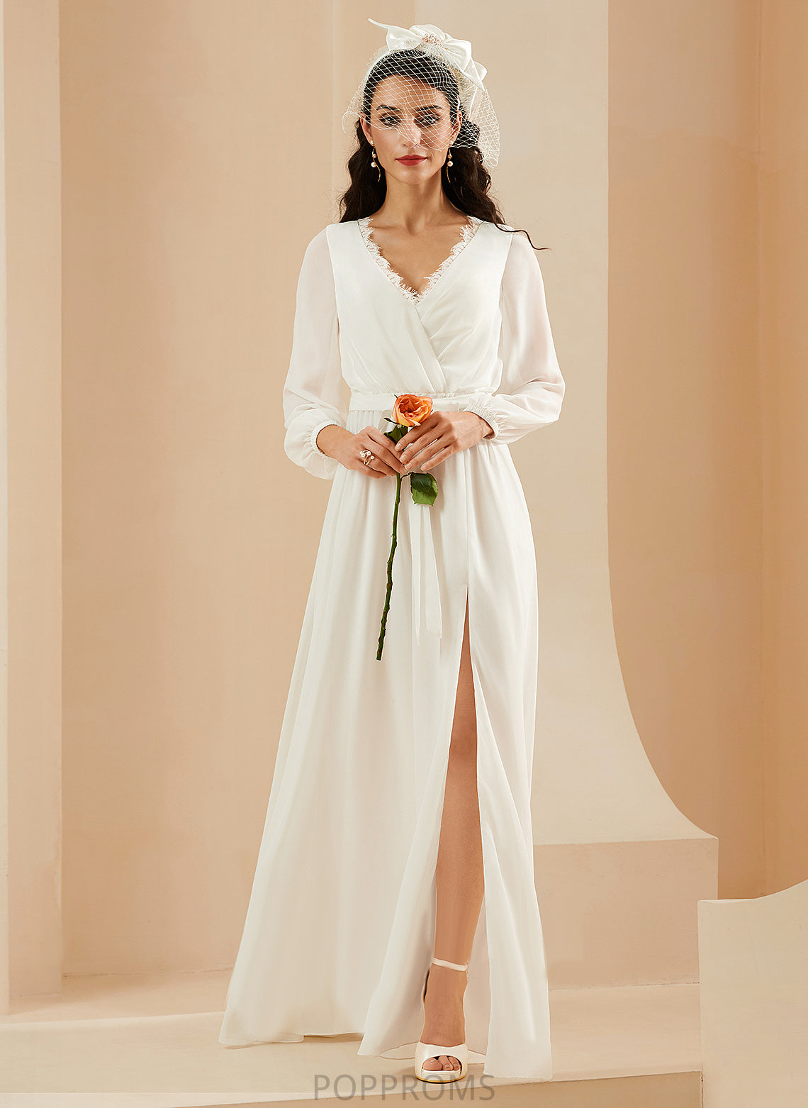 V-neck Dress Lace A-Line Amira Floor-Length Wedding Dresses Wedding Chiffon