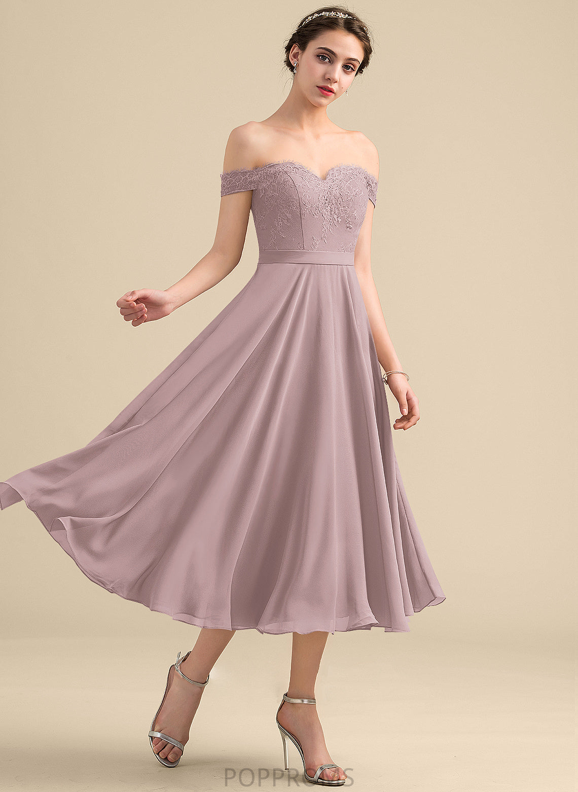 Silhouette Tea-Length Sequins Off-the-Shoulder A-Line Embellishment Length Fabric Beading Neckline Lena Sleeveless Bridesmaid Dresses