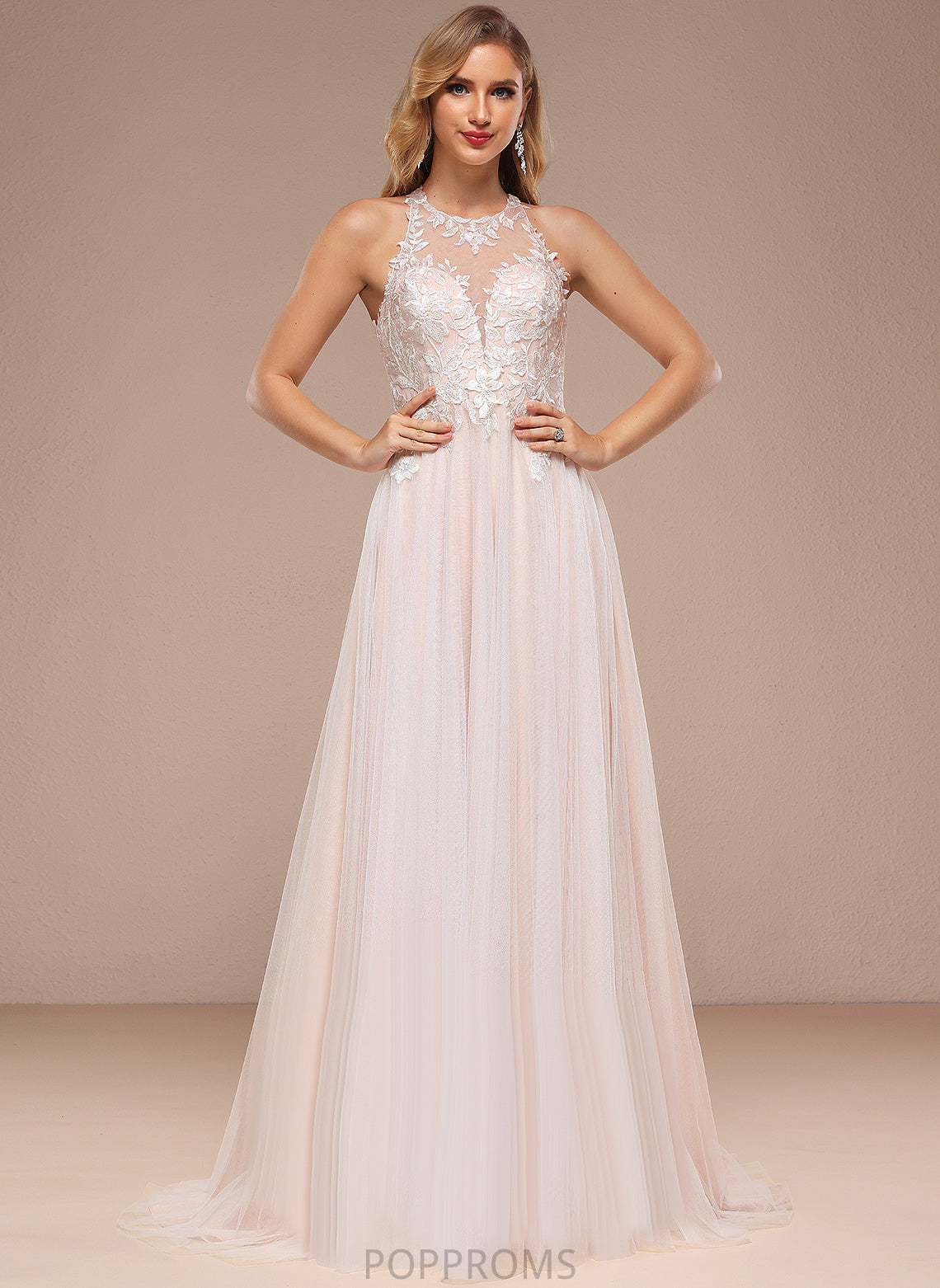 Tulle With A-Line Wedding Dress Lace Sequins Lola Train Sweep Beading Halter Wedding Dresses