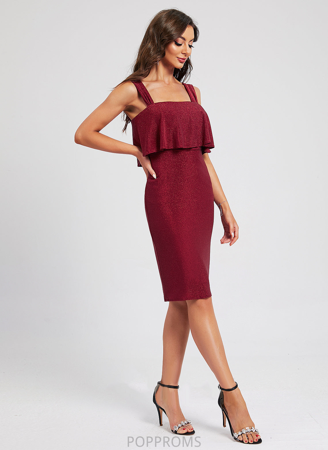 Ruffle Joanna Bodycon Dress Polyester Club Dresses Neckline Knee-Length With Square Cocktail