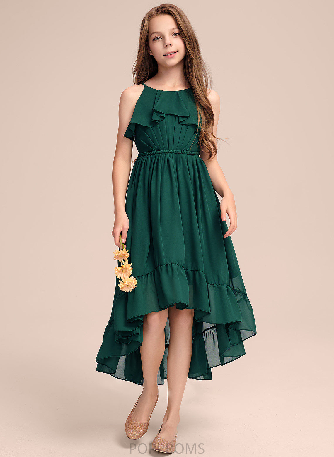 With Ruffles Cascading A-Line Asymmetrical Cristina Junior Bridesmaid Dresses Chiffon Scoop Neck