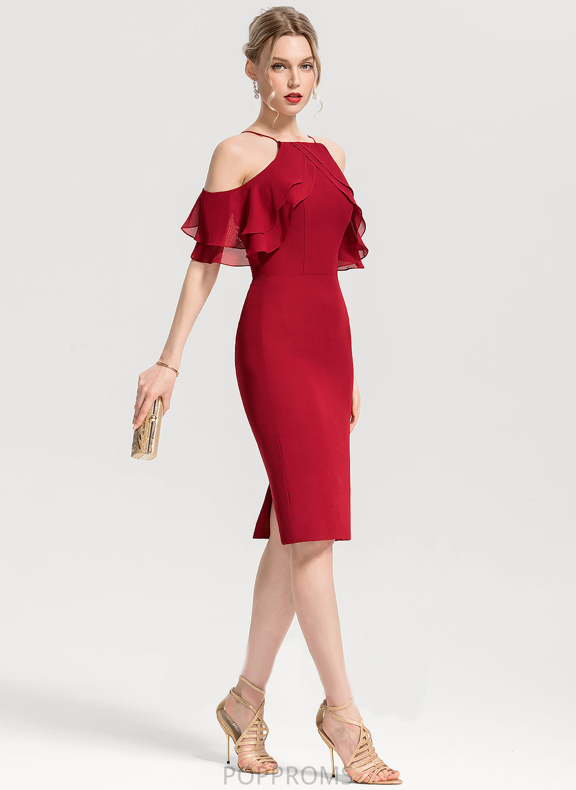 Dress Lilyana Sheath/Column Knee-Length Chiffon Ruffles Square Cocktail Cascading With Neckline Cocktail Dresses