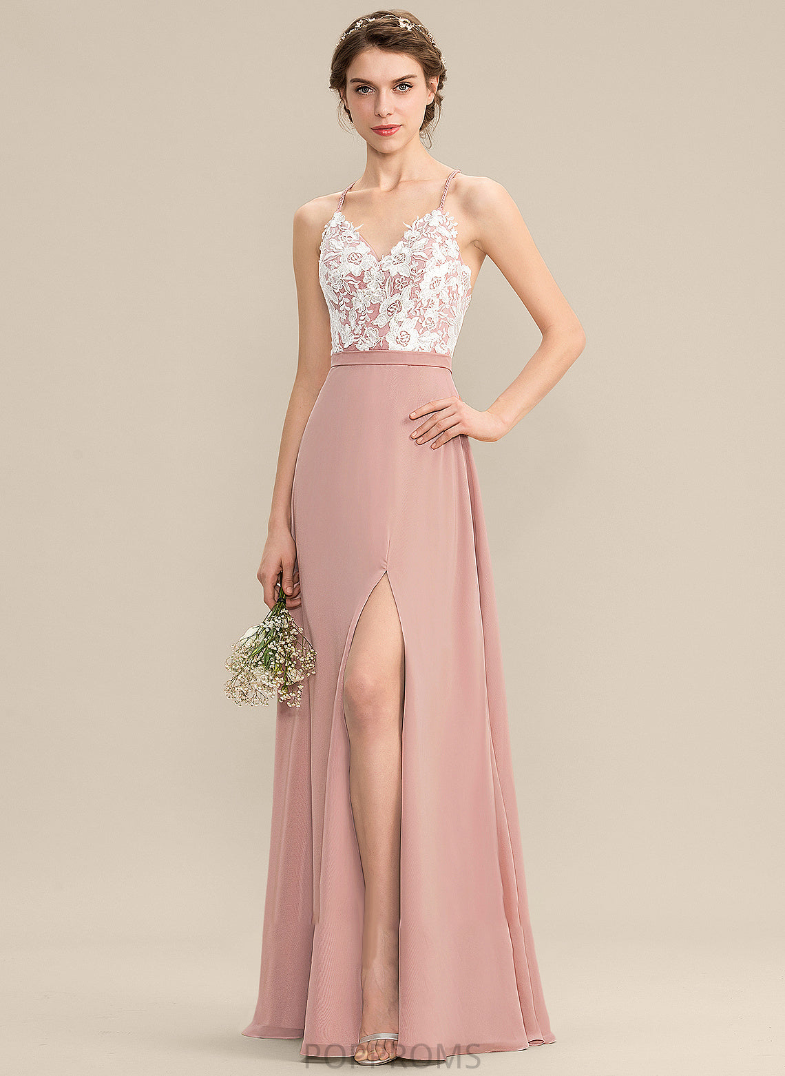 Chiffon With Floor-Length Front Lace Prom Dresses Split Bailey V-neck A-Line