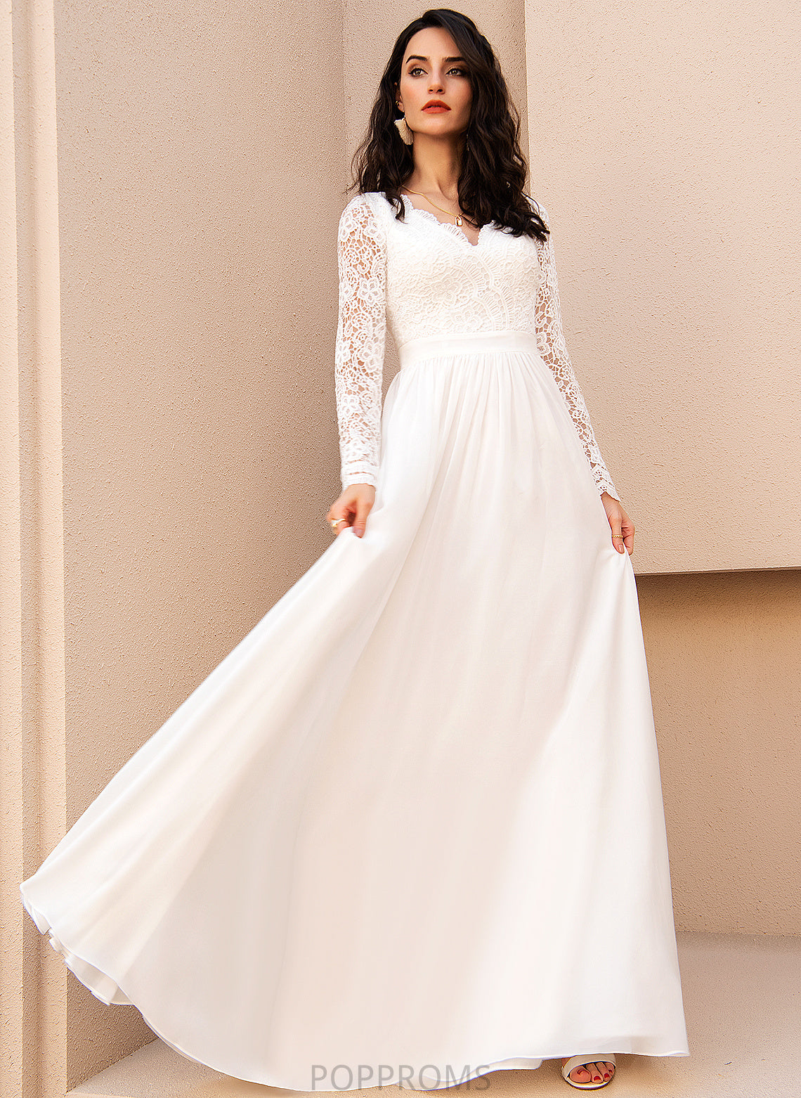 V-neck Chiffon A-Line Wedding Dresses Wedding Dayami Dress Floor-Length Lace