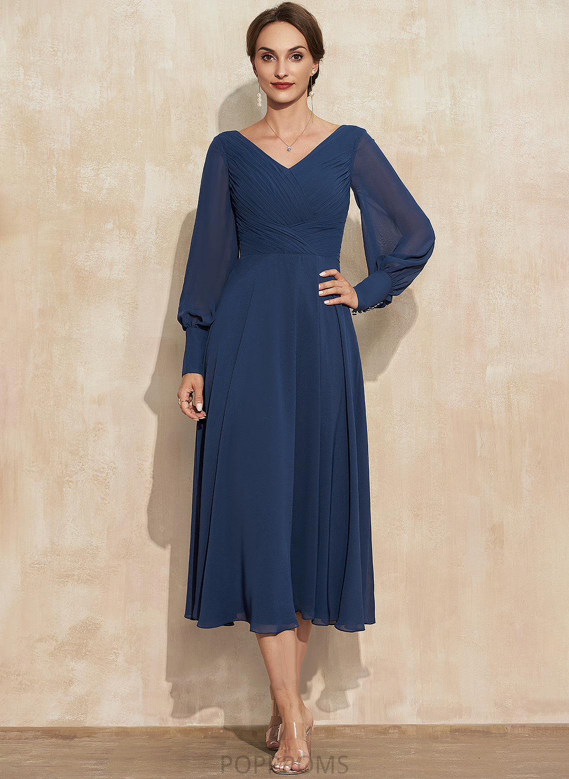 Justine Bride With Chiffon Mother A-Line V-neck the of Mother of the Bride Dresses Tea-Length Ruffle Dress