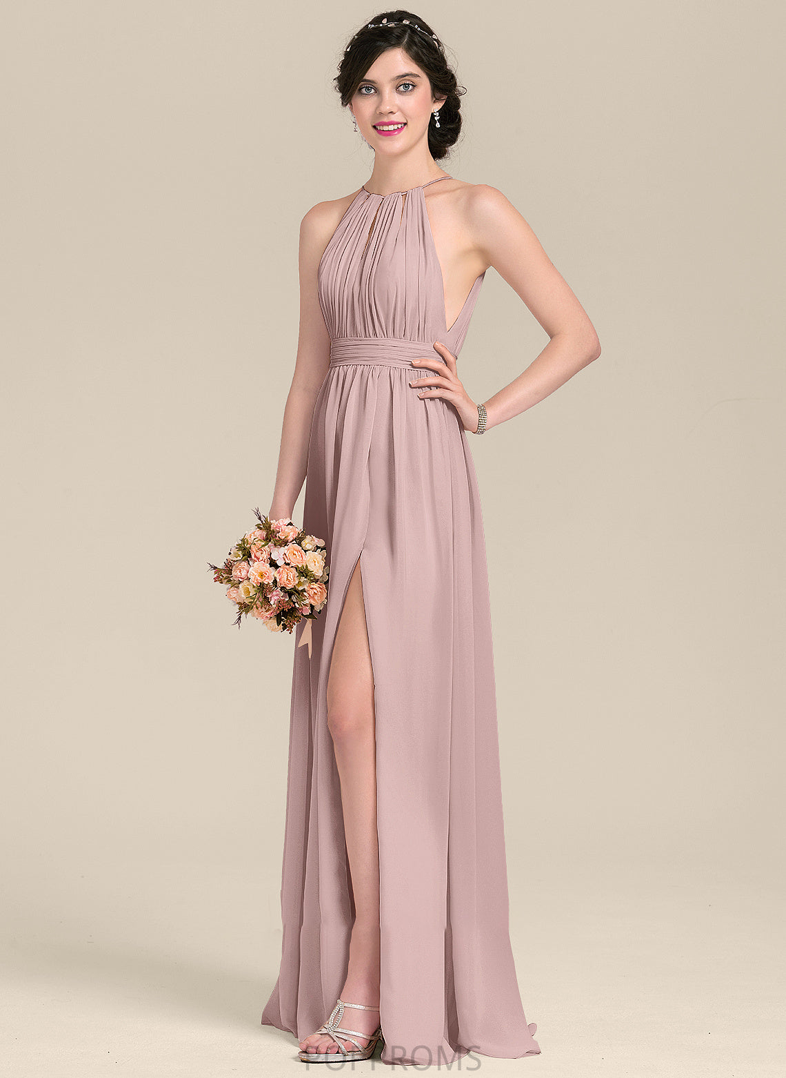 Floor-Length Embellishment SplitFront Fabric ScoopNeck Neckline Length Silhouette A-Line Bow(s) Ruffle Giovanna Bridesmaid Dresses