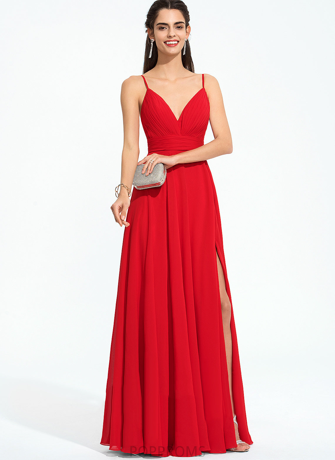 With V-neck A-Line Ruffle Madalyn Floor-Length Prom Dresses Chiffon