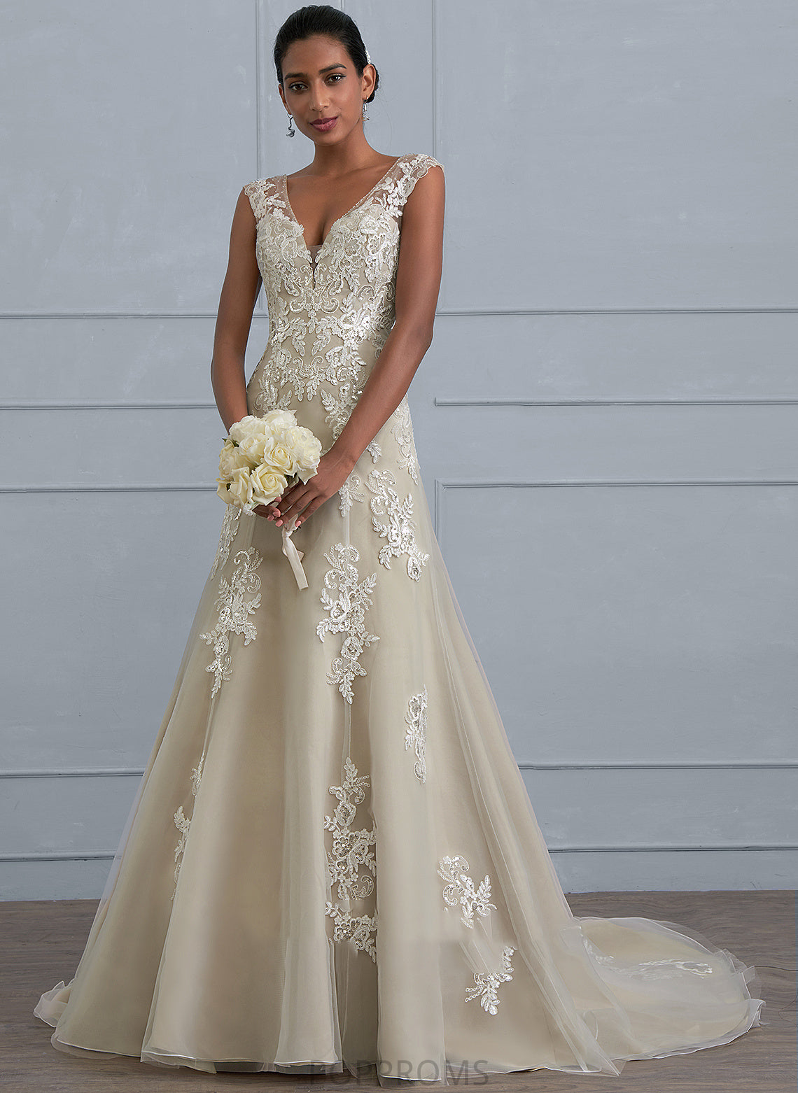 Dress Lace Sequins Wedding Dresses With Tulle Court V-neck Beading Train Sydnee Wedding A-Line