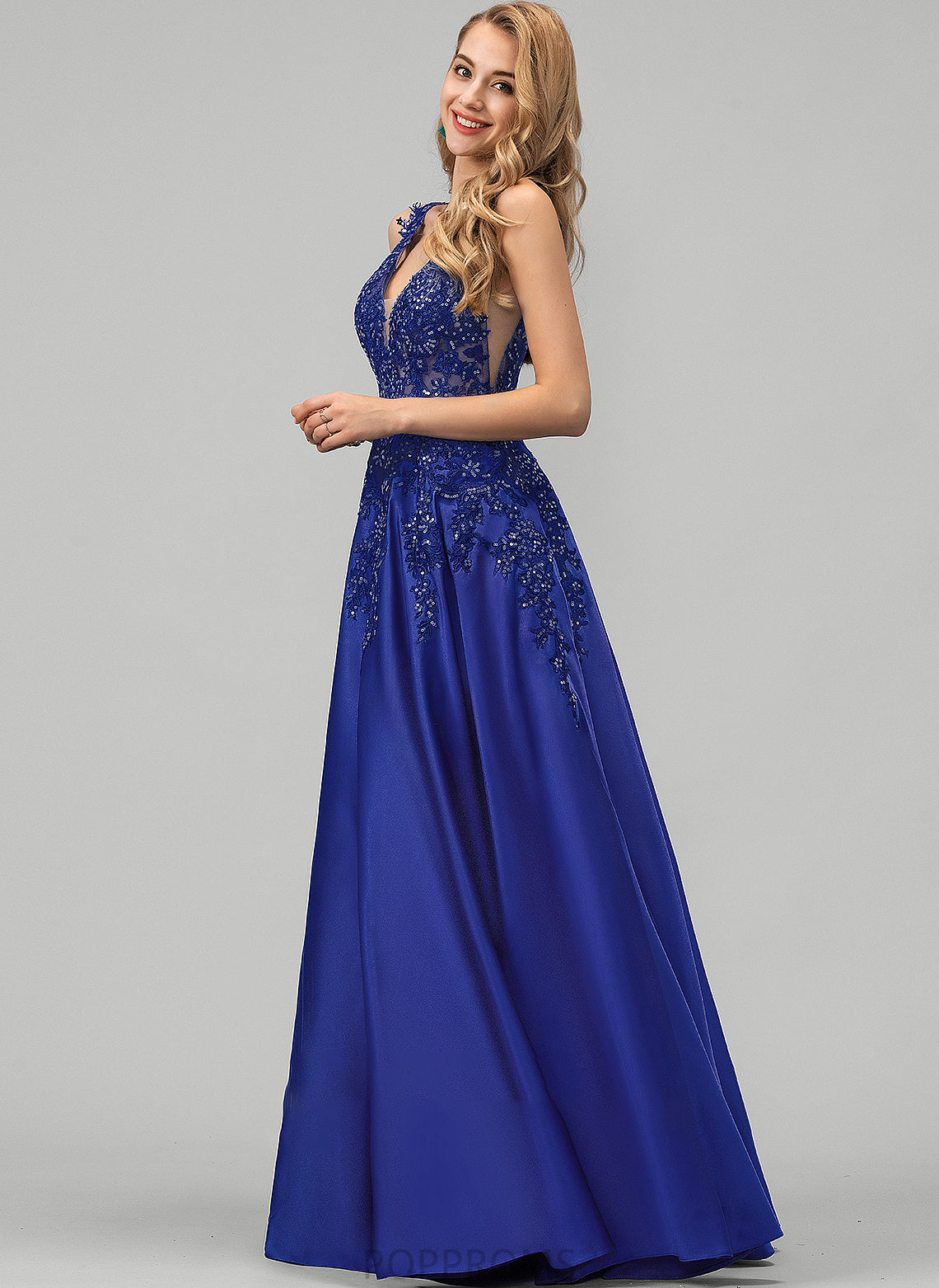 Prom Dresses A-Line Floor-Length Satin Lace Brenda With Sequins V-neck