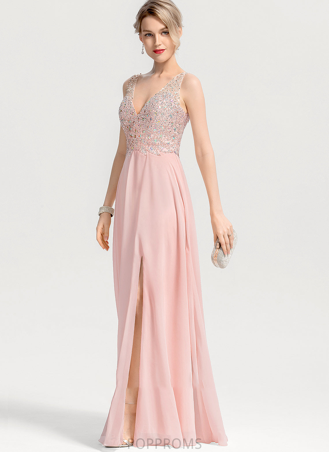 Sequins A-Line Chiffon Beading Prom Dresses Split V-neck With Front Floor-Length Alexandria