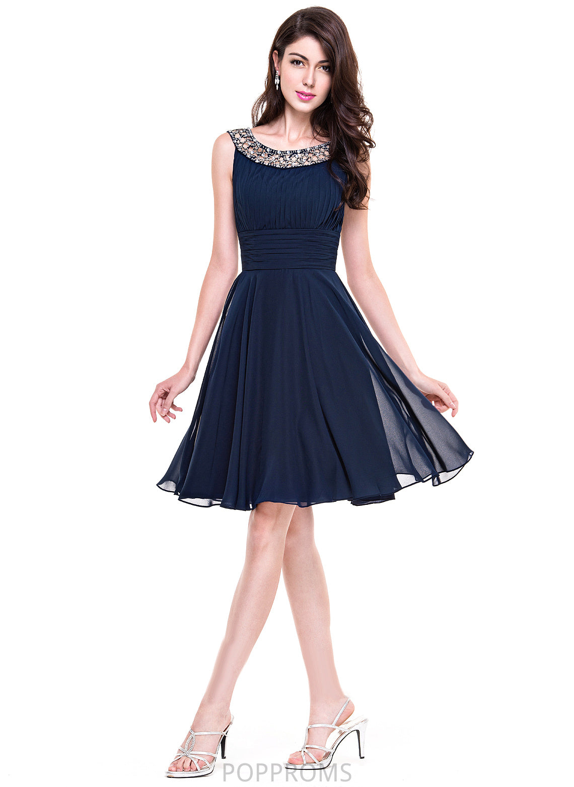 Adrienne Dress Beading Knee-Length A-Line Neck Chiffon Scoop Ruffle Cocktail Dresses With Cocktail