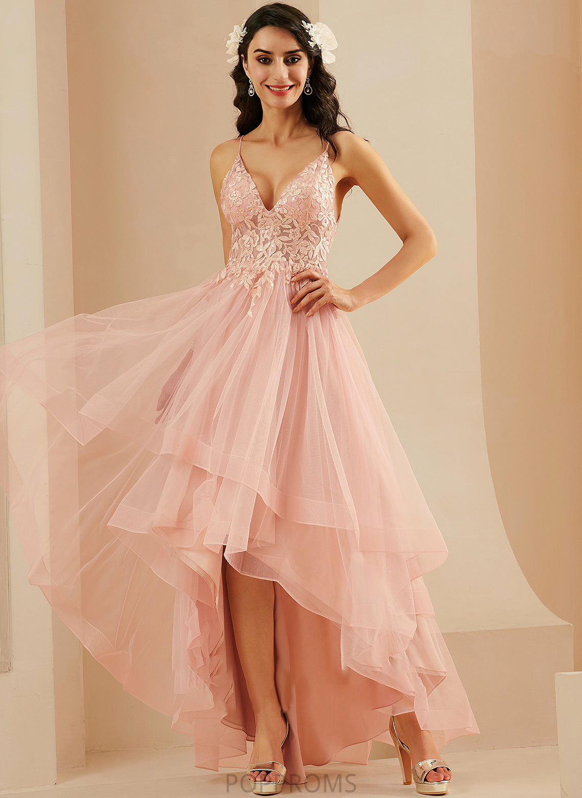 Tulle Jode V-neck Asymmetrical Lace With Prom Dresses Ball-Gown/Princess